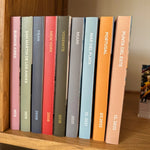 Colección de fotolibros parados en un estante de madera con lomos de colores y destinos de viaje