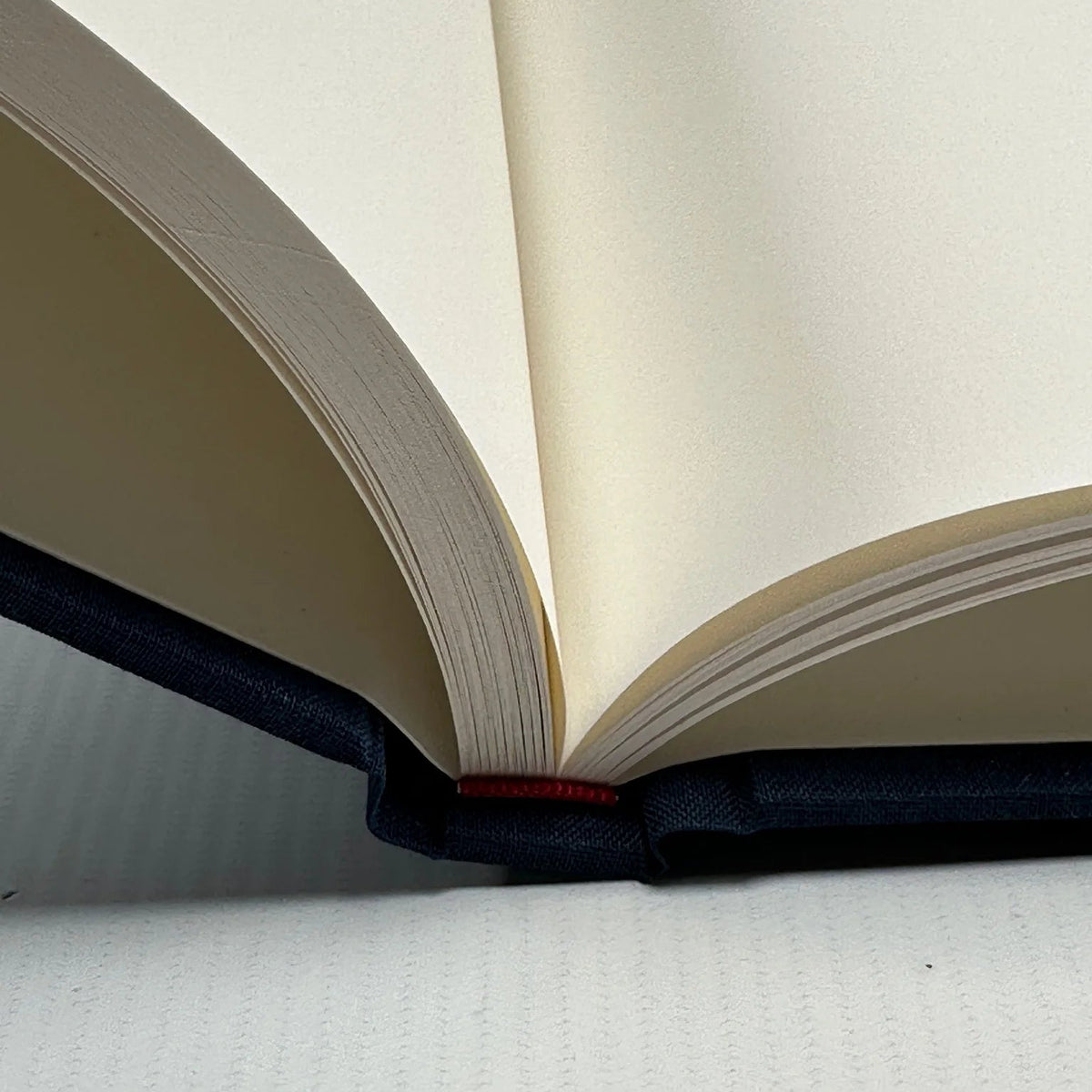 Detalle del libro abierto: hojas gruesas ahuesadas texturadas, encuadernación cosida a mano en lino azul y cabezada roja