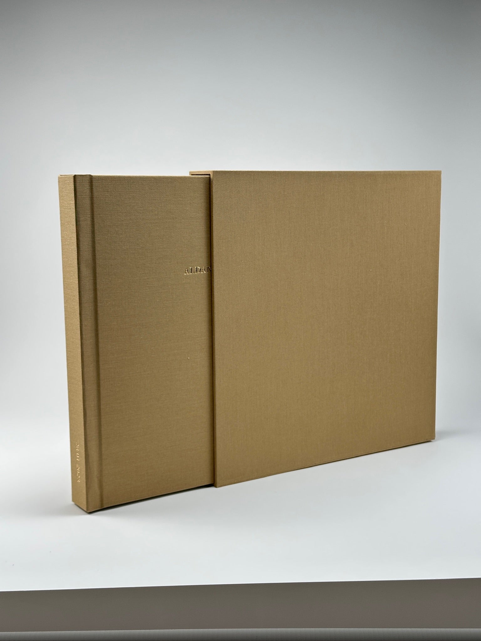 Vista angular del álbum camel saliendo de su caja de lino, con nombre grabado en dorado